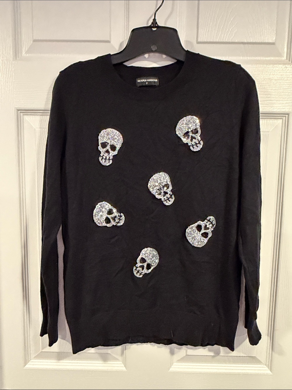 Victoria Beckham Black Crewneck Sweater with Silver Skull Embellishments